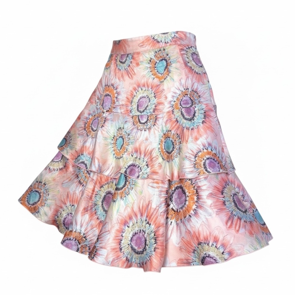 Vintage 100% Silk Harvé Benard Tiered Floral Pink Skirt Size 12 8